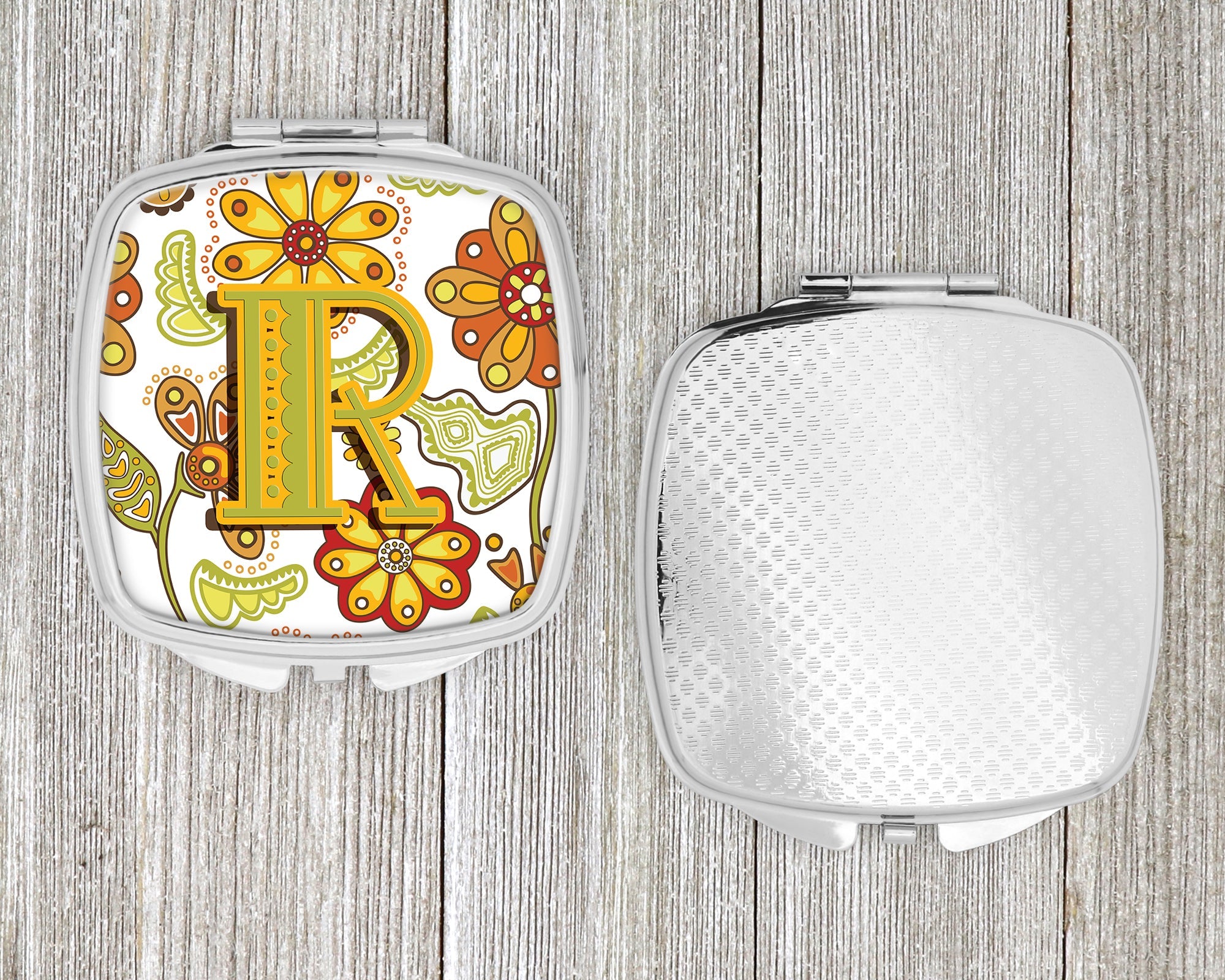 Letter R Floral Mustard and Green Compact Mirror Decorative Travel Makeup Mirror for Women Girls Gifts Pocket Makeup Mirror Folding Handheld