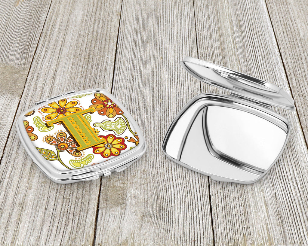 Letter T Floral Mustard and Green Compact Mirror Decorative Travel Makeup Mirror for Women Girls Gifts Pocket Makeup Mirror Folding Handheld