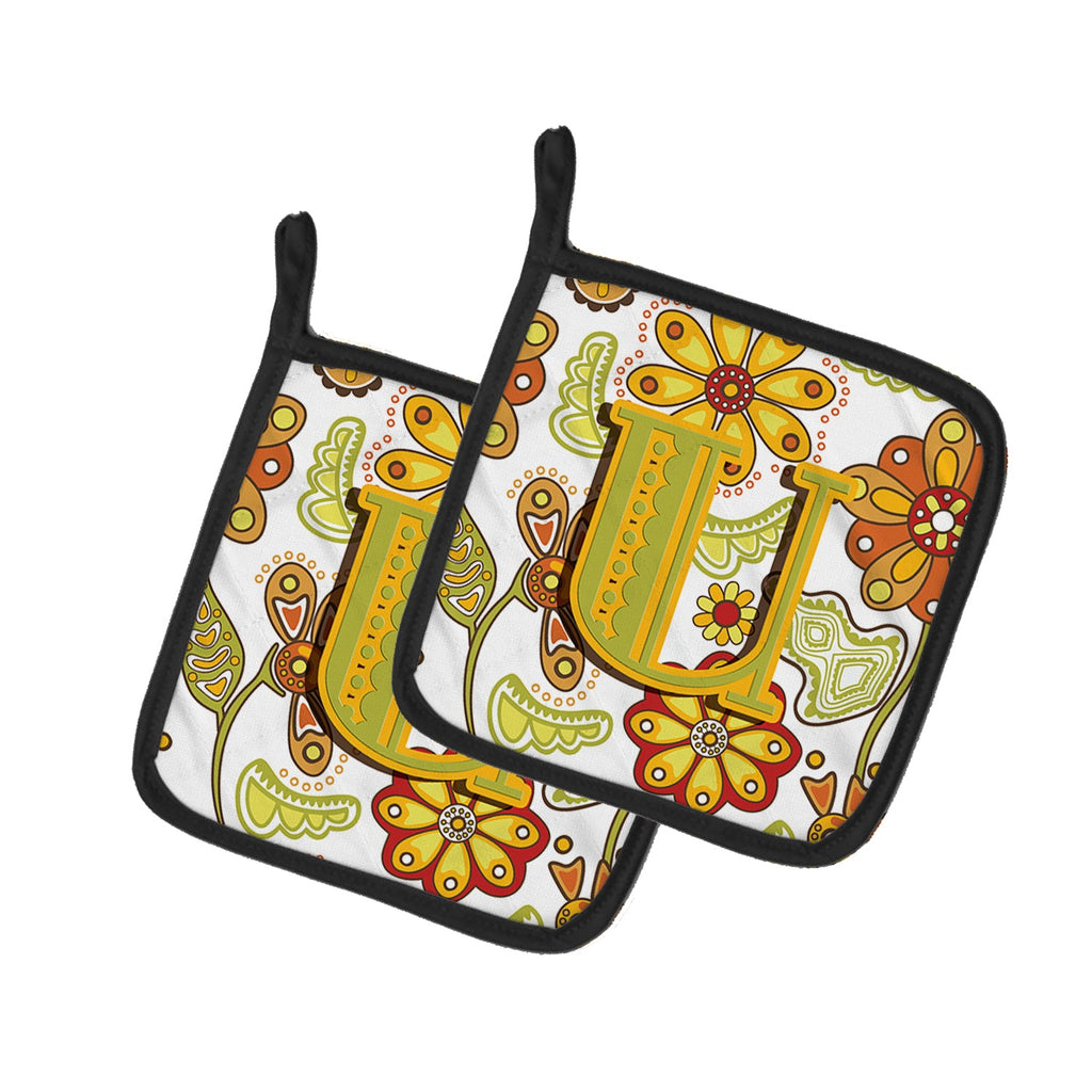 Letter U Floral Mustard and Green Pot Holder Set of 2 Heat Resistant Quilted Hot Pads 7.5 x 7.5 Inch, Insulated Kitchen Trivets for Cooking & Baking