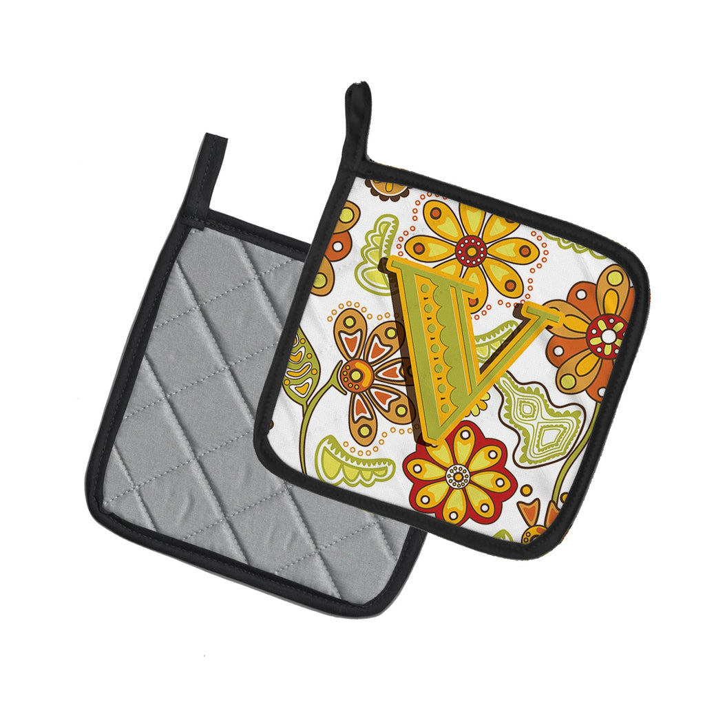 Letter V Floral Mustard and Green Pot Holder Set of 2 Heat Resistant Quilted Hot Pads 7.5 x 7.5 Inch, Insulated Kitchen Trivets for Cooking & Baking