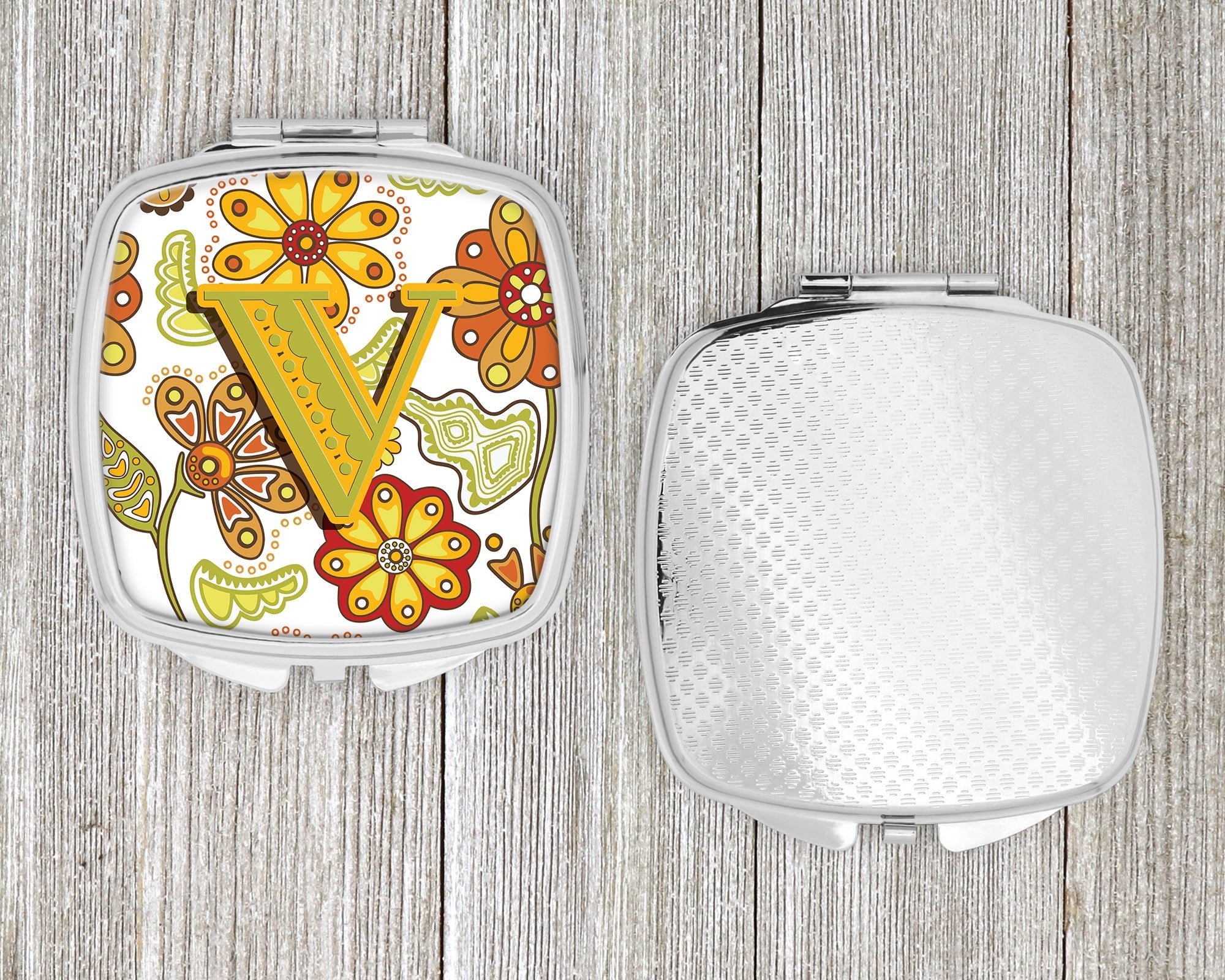 Letter V Floral Mustard and Green Compact Mirror Decorative Travel Makeup Mirror for Women Girls Gifts Pocket Makeup Mirror Folding Handheld