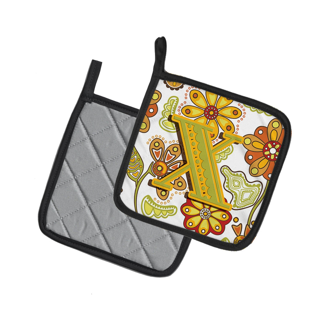 Letter X Floral Mustard and Green Pot Holder Set of 2 Heat Resistant Quilted Hot Pads 7.5 x 7.5 Inch, Insulated Kitchen Trivets for Cooking & Baking