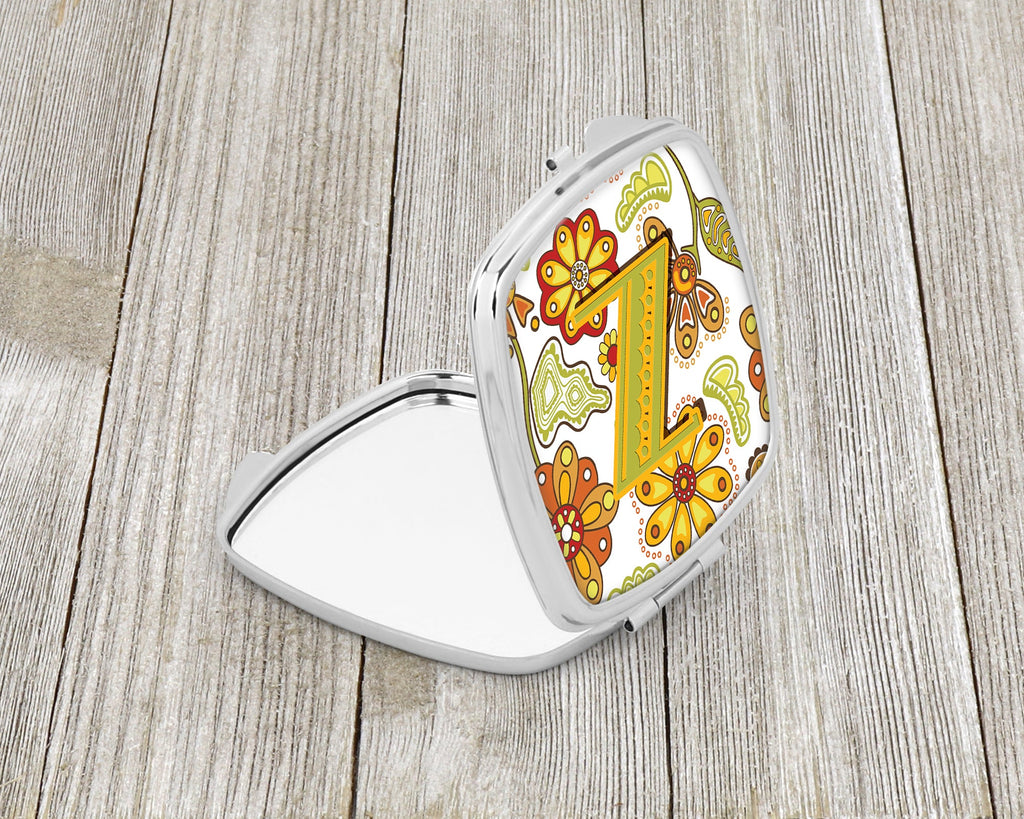 Letter Z Floral Mustard and Green Compact Mirror Decorative Travel Makeup Mirror for Women Girls Gifts Pocket Makeup Mirror Folding Handheld