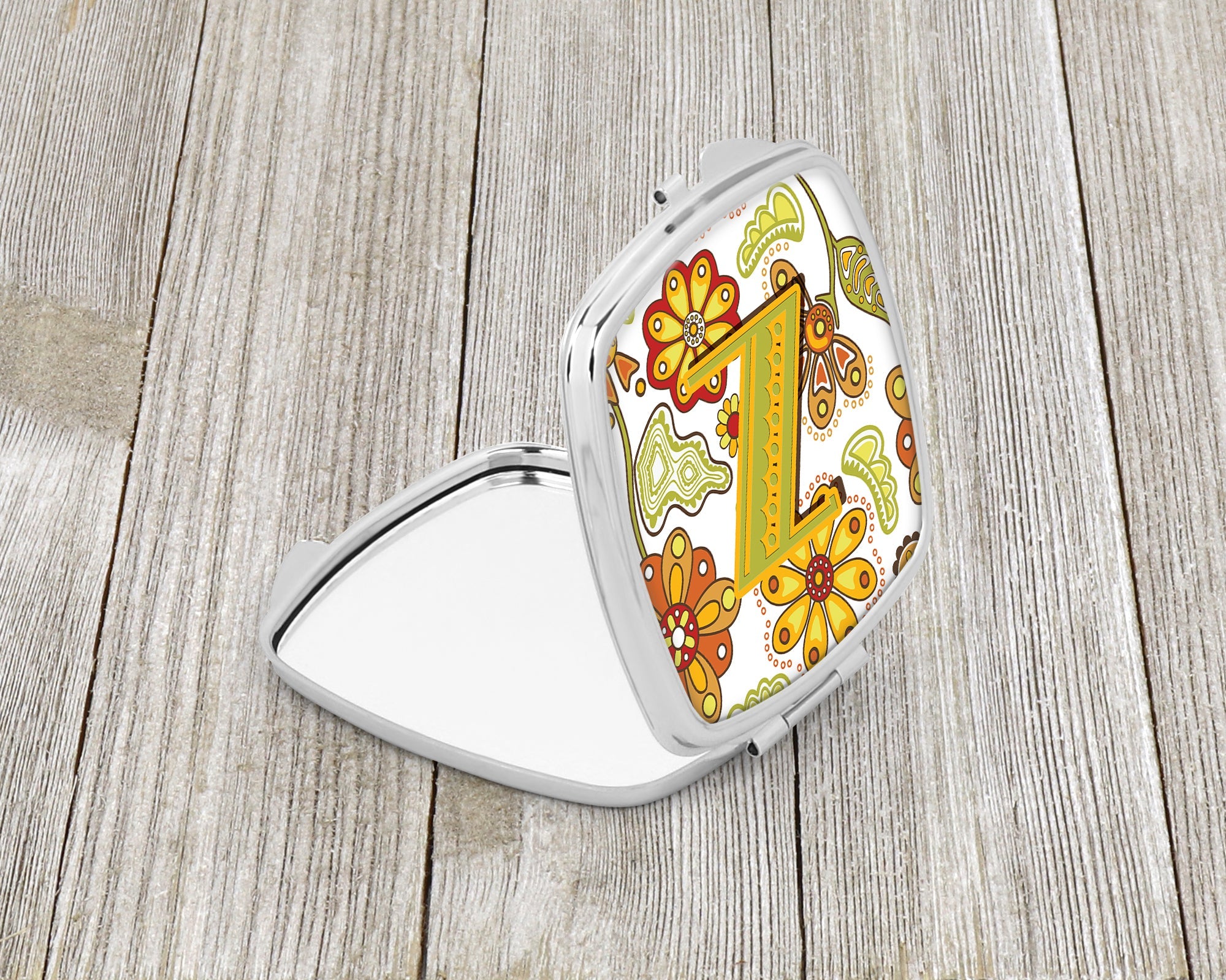 Letter Z Floral Mustard and Green Compact Mirror Decorative Travel Makeup Mirror for Women Girls Gifts Pocket Makeup Mirror Folding Handheld