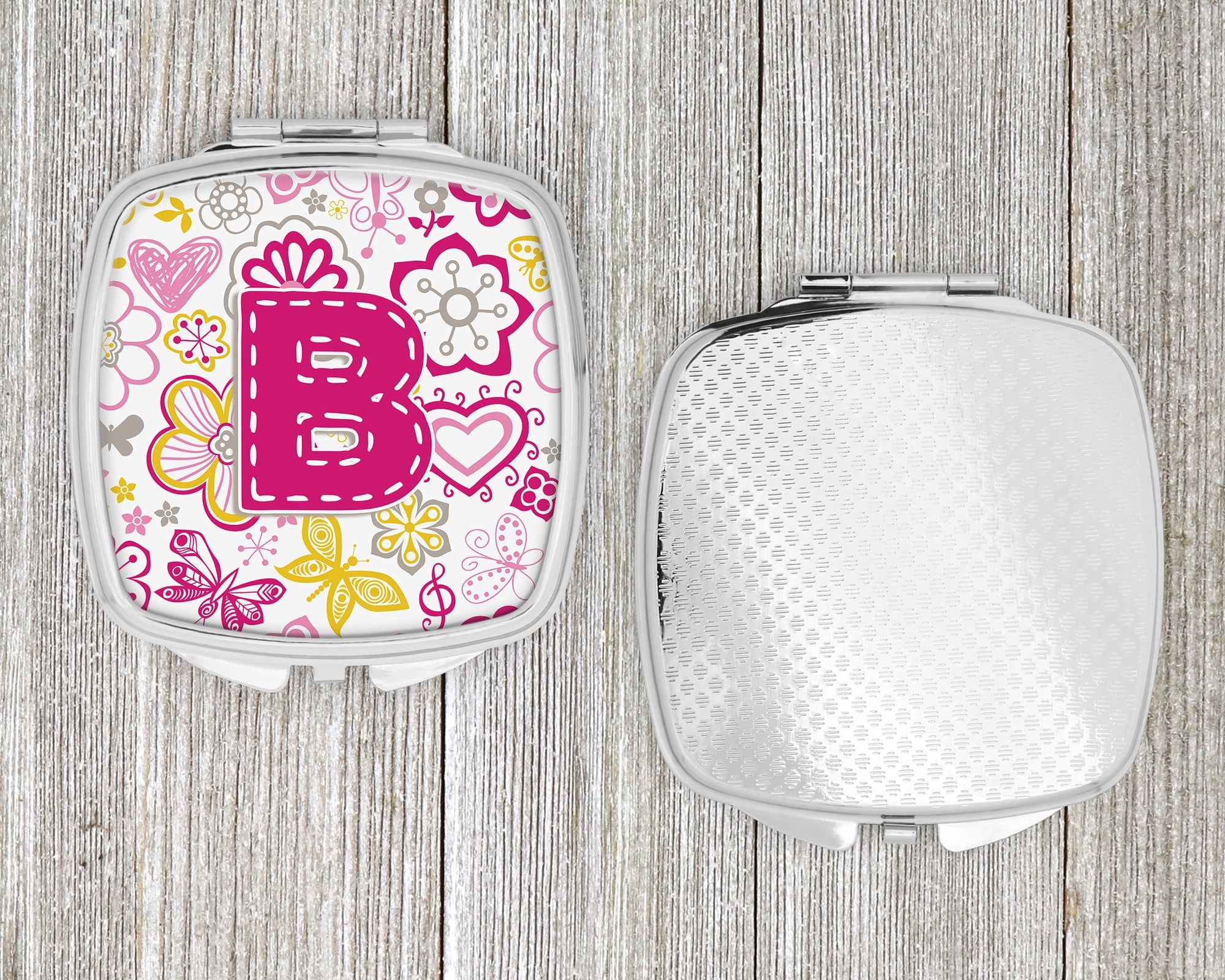 Letter B Flowers and Butterflies Pink Compact Mirror Decorative Travel Makeup Mirror for Women Girls Gifts Pocket Makeup Mirror Folding Handheld
