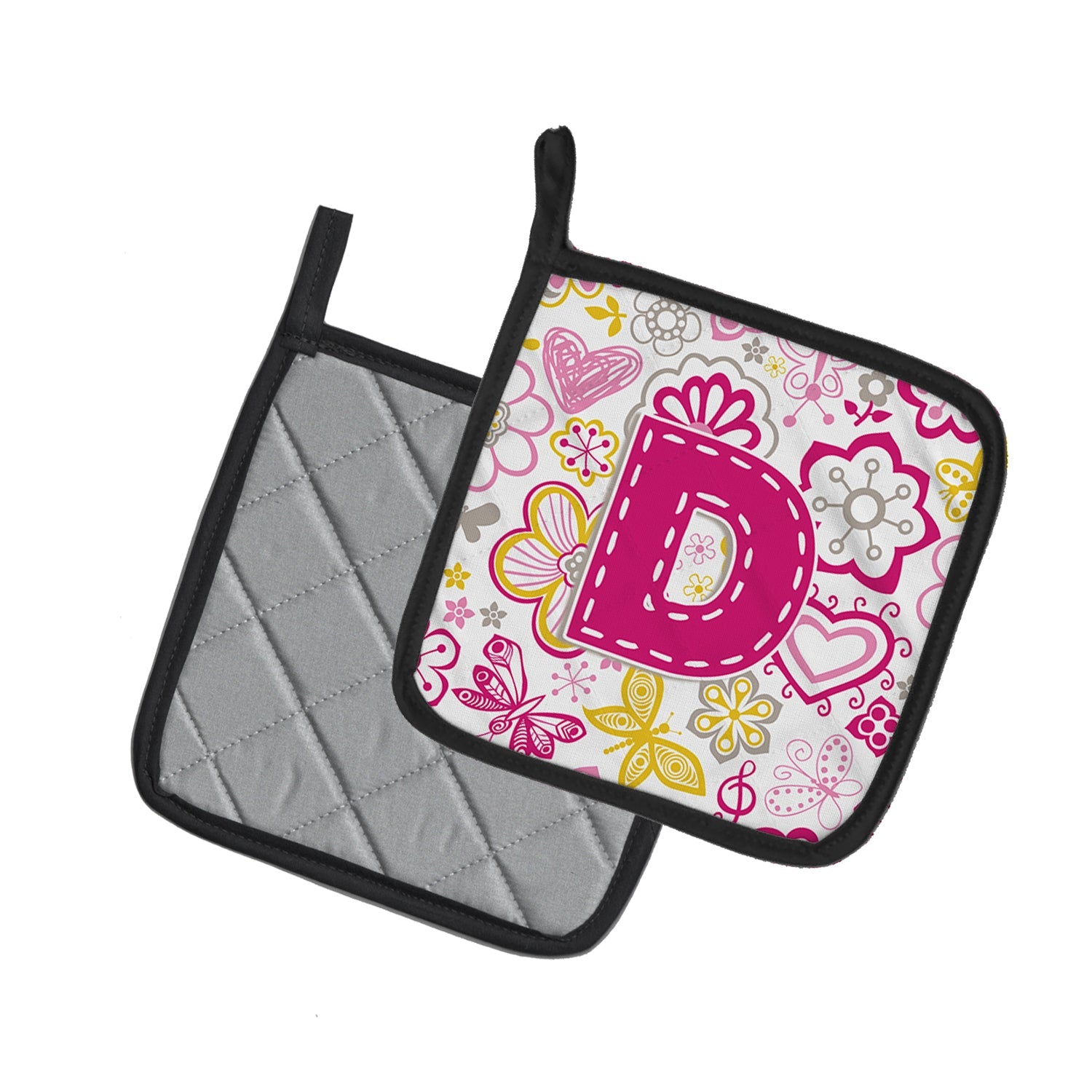 Letter D Flowers and Butterflies Pink Pot Holder Set of 2 Heat Resistant Quilted Hot Pads 7.5 x 7.5 Inch, Insulated Kitchen Trivets for Cooking & Baking