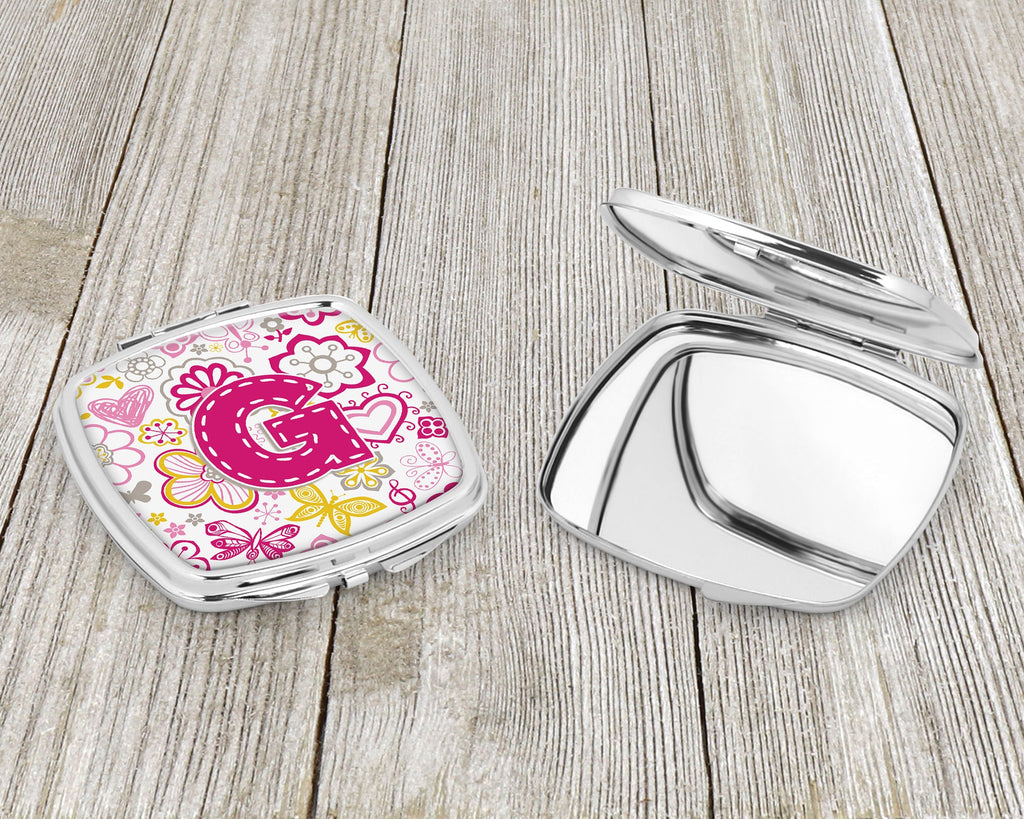Letter G Flowers and Butterflies Pink Compact Mirror Decorative Travel Makeup Mirror for Women Girls Gifts Pocket Makeup Mirror Folding Handheld