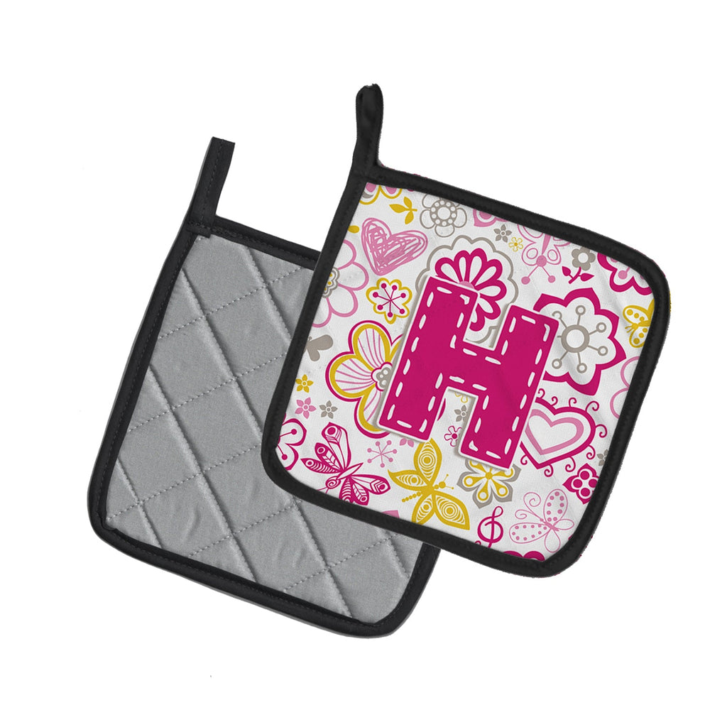Letter H Flowers and Butterflies Pink Pot Holder Set of 2 Heat Resistant Quilted Hot Pads 7.5 x 7.5 Inch, Insulated Kitchen Trivets for Cooking & Baking