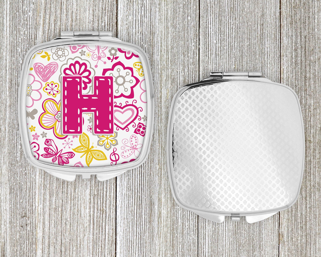Letter H Flowers and Butterflies Pink Compact Mirror Decorative Travel Makeup Mirror for Women Girls Gifts Pocket Makeup Mirror Folding Handheld
