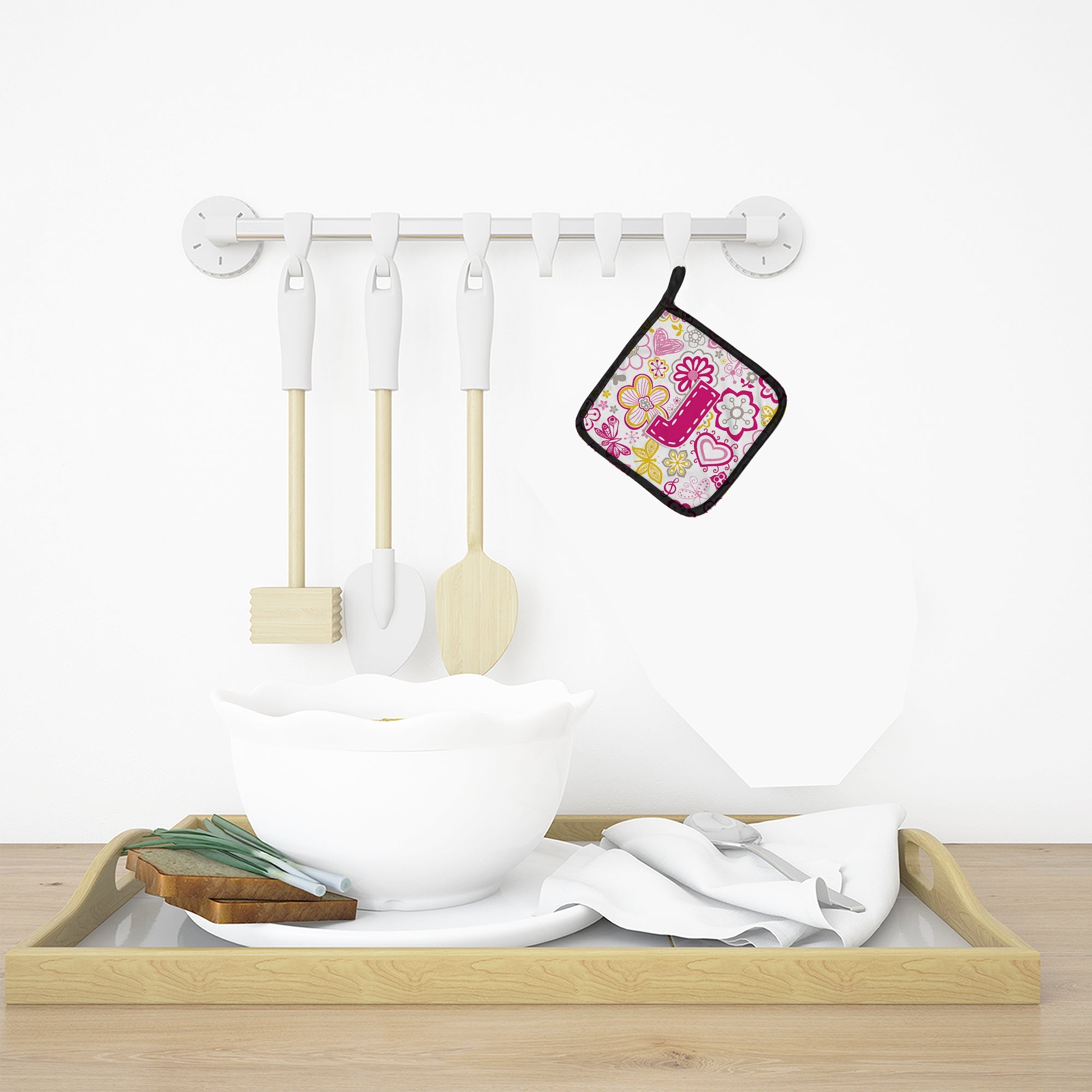 Letter J Flowers and Butterflies Pink Pot Holder Set of 2 Heat Resistant Quilted Hot Pads 7.5 x 7.5 Inch, Insulated Kitchen Trivets for Cooking & Baking