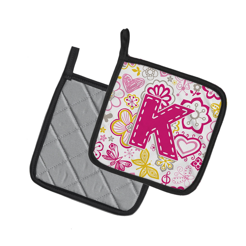 Letter K Flowers and Butterflies Pink Pot Holder Set of 2 Heat Resistant Quilted Hot Pads 7.5 x 7.5 Inch, Insulated Kitchen Trivets for Cooking & Baking