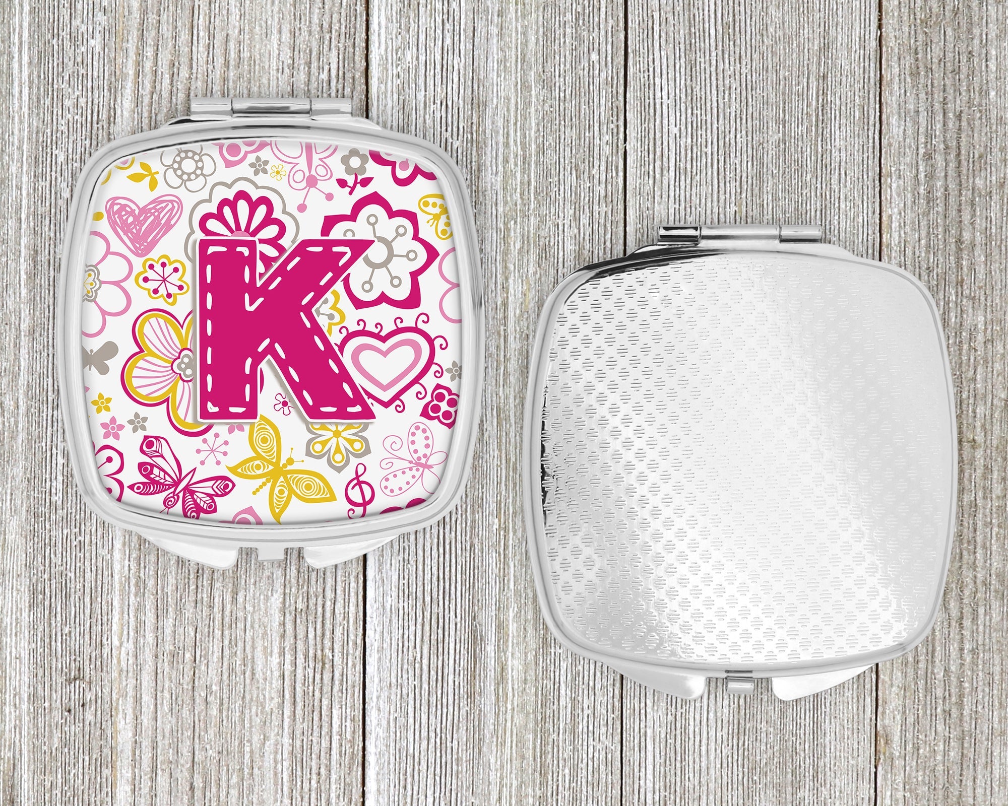Letter K Flowers and Butterflies Pink Compact Mirror Decorative Travel Makeup Mirror for Women Girls Gifts Pocket Makeup Mirror Folding Handheld