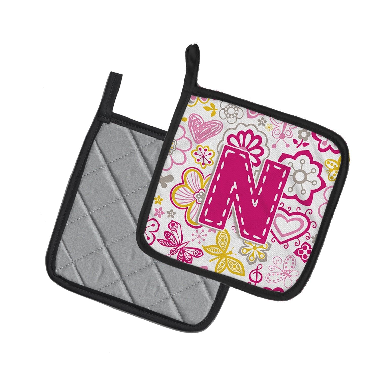 Letter N Flowers and Butterflies Pink Pot Holder Set of 2 Heat Resistant Quilted Hot Pads 7.5 x 7.5 Inch, Insulated Kitchen Trivets for Cooking & Baking