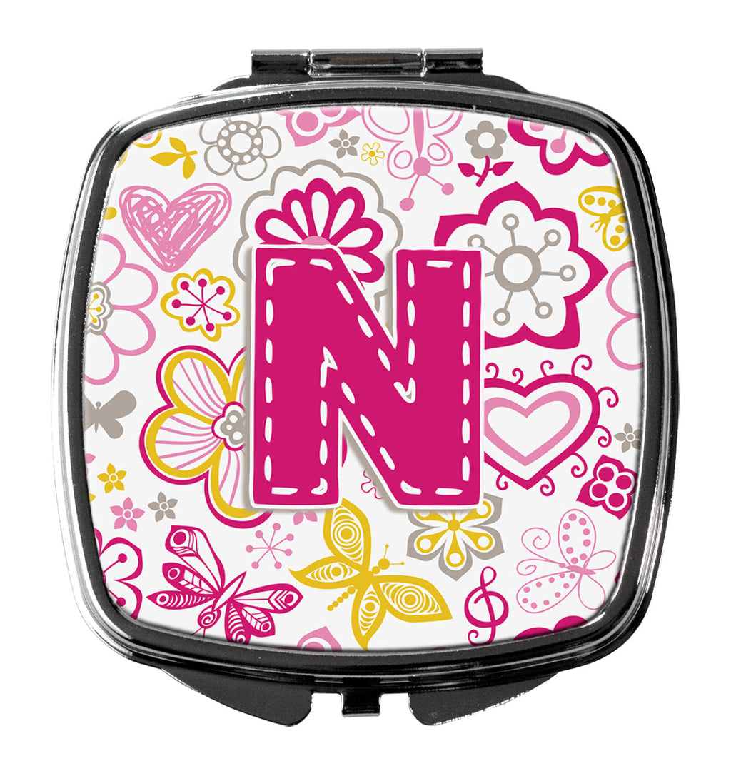 Letter N Flowers and Butterflies Pink Compact Mirror Decorative Travel Makeup Mirror for Women Girls Gifts Pocket Makeup Mirror Folding Handheld