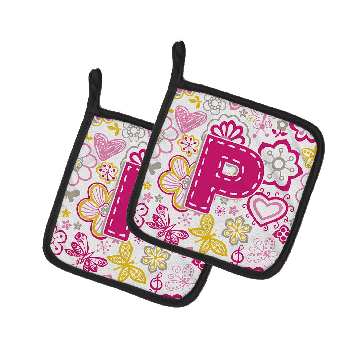 Letter P Flowers and Butterflies Pink Pot Holder Set of 2 Heat Resistant Quilted Hot Pads 7.5 x 7.5 Inch, Insulated Kitchen Trivets for Cooking & Baking