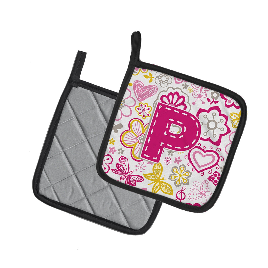 Letter P Flowers and Butterflies Pink Pot Holder Set of 2 Heat Resistant Quilted Hot Pads 7.5 x 7.5 Inch, Insulated Kitchen Trivets for Cooking & Baking
