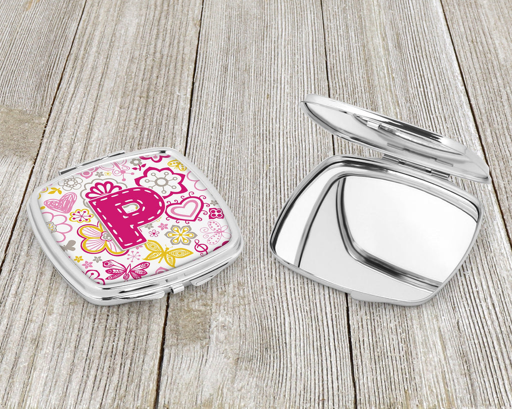Letter P Flowers and Butterflies Pink Compact Mirror Decorative Travel Makeup Mirror for Women Girls Gifts Pocket Makeup Mirror Folding Handheld