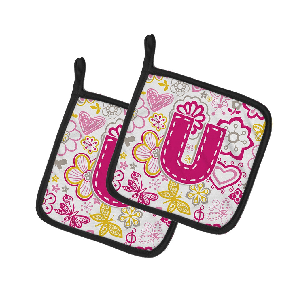 Letter U Flowers and Butterflies Pink Pot Holder Set of 2 Heat Resistant Quilted Hot Pads 7.5 x 7.5 Inch, Insulated Kitchen Trivets for Cooking & Baking