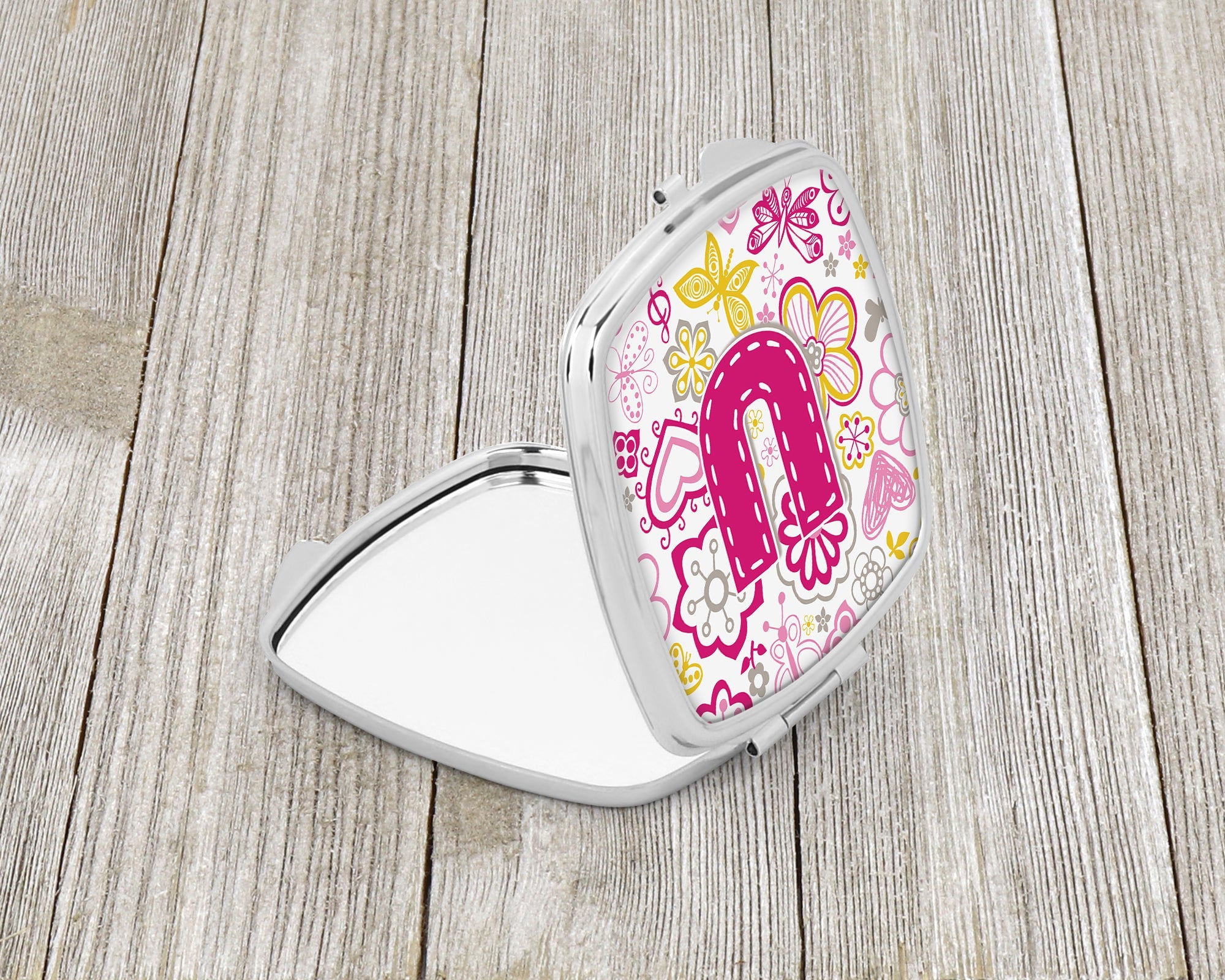 Letter U Flowers and Butterflies Pink Compact Mirror Decorative Travel Makeup Mirror for Women Girls Gifts Pocket Makeup Mirror Folding Handheld