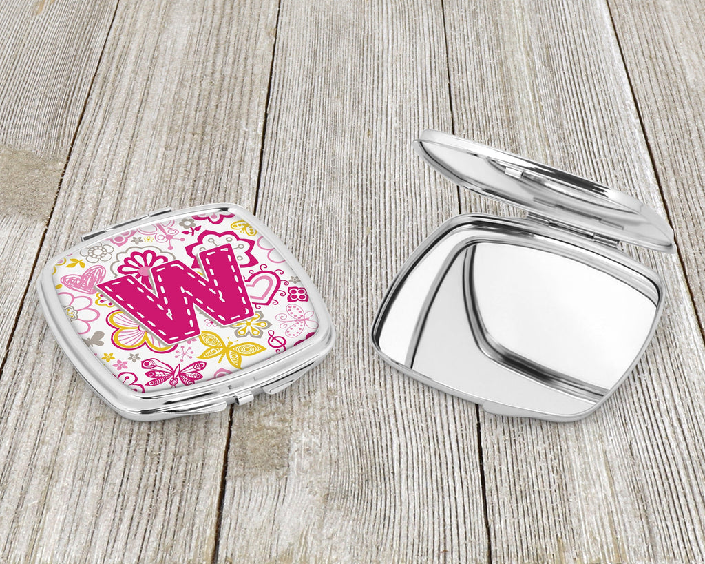 Letter W Flowers and Butterflies Pink Compact Mirror Decorative Travel Makeup Mirror for Women Girls Gifts Pocket Makeup Mirror Folding Handheld