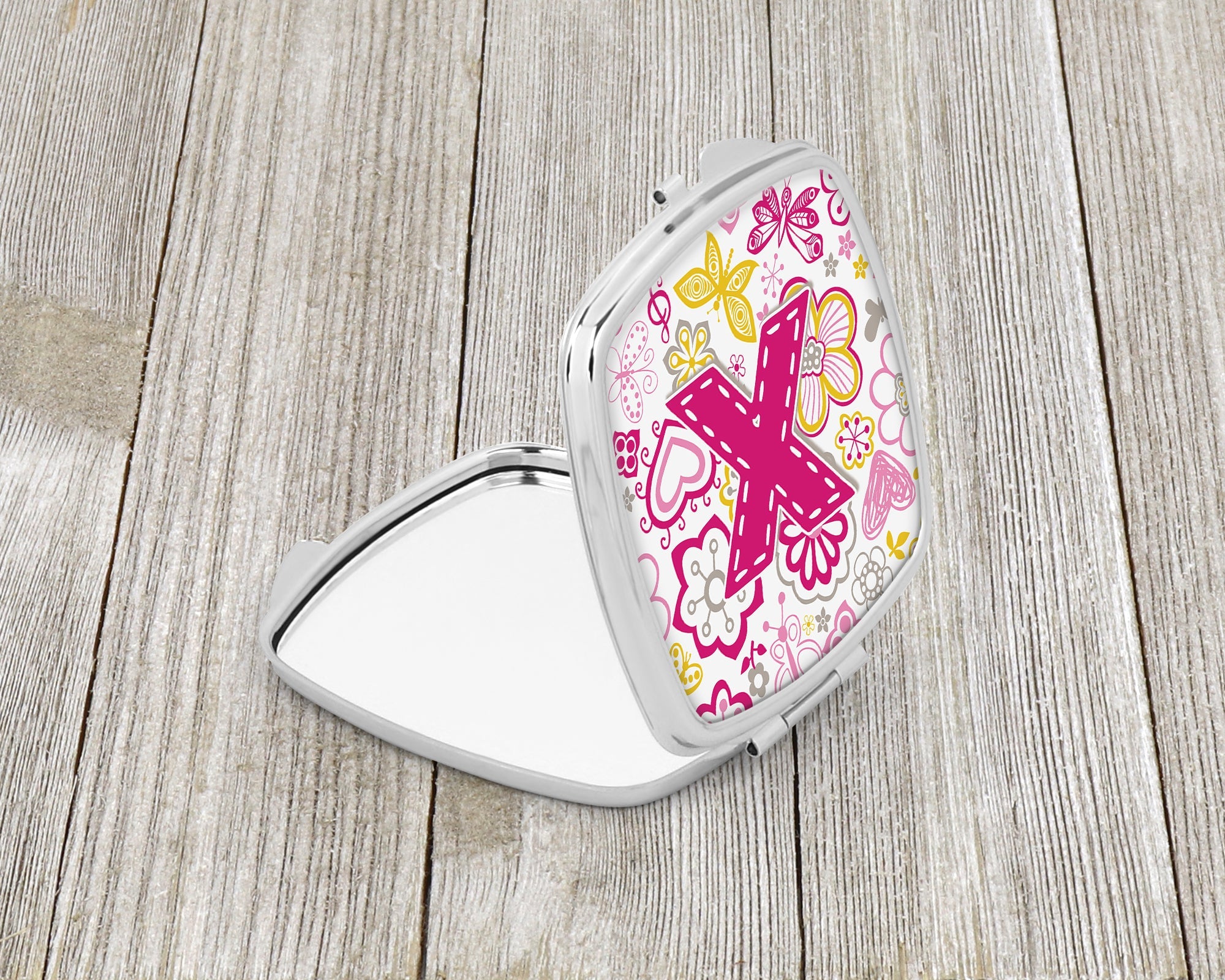 Letter X Flowers and Butterflies Pink Compact Mirror Decorative Travel Makeup Mirror for Women Girls Gifts Pocket Makeup Mirror Folding Handheld