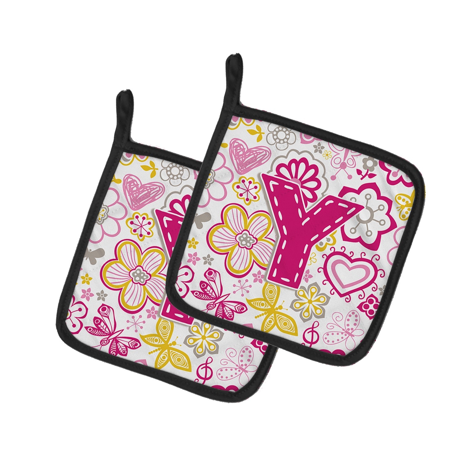 Letter Y Flowers and Butterflies Pink Pot Holder Set of 2 Heat Resistant Quilted Hot Pads 7.5 x 7.5 Inch, Insulated Kitchen Trivets for Cooking & Baking