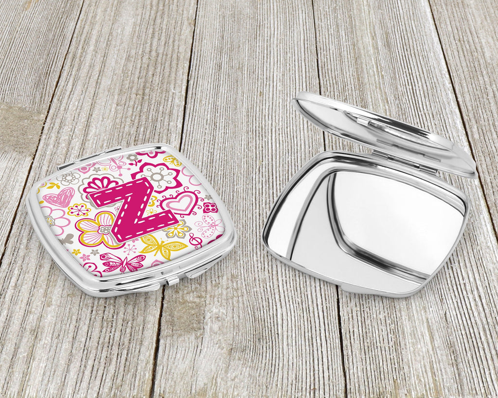 Letter Z Flowers and Butterflies Pink Compact Mirror Decorative Travel Makeup Mirror for Women Girls Gifts Pocket Makeup Mirror Folding Handheld