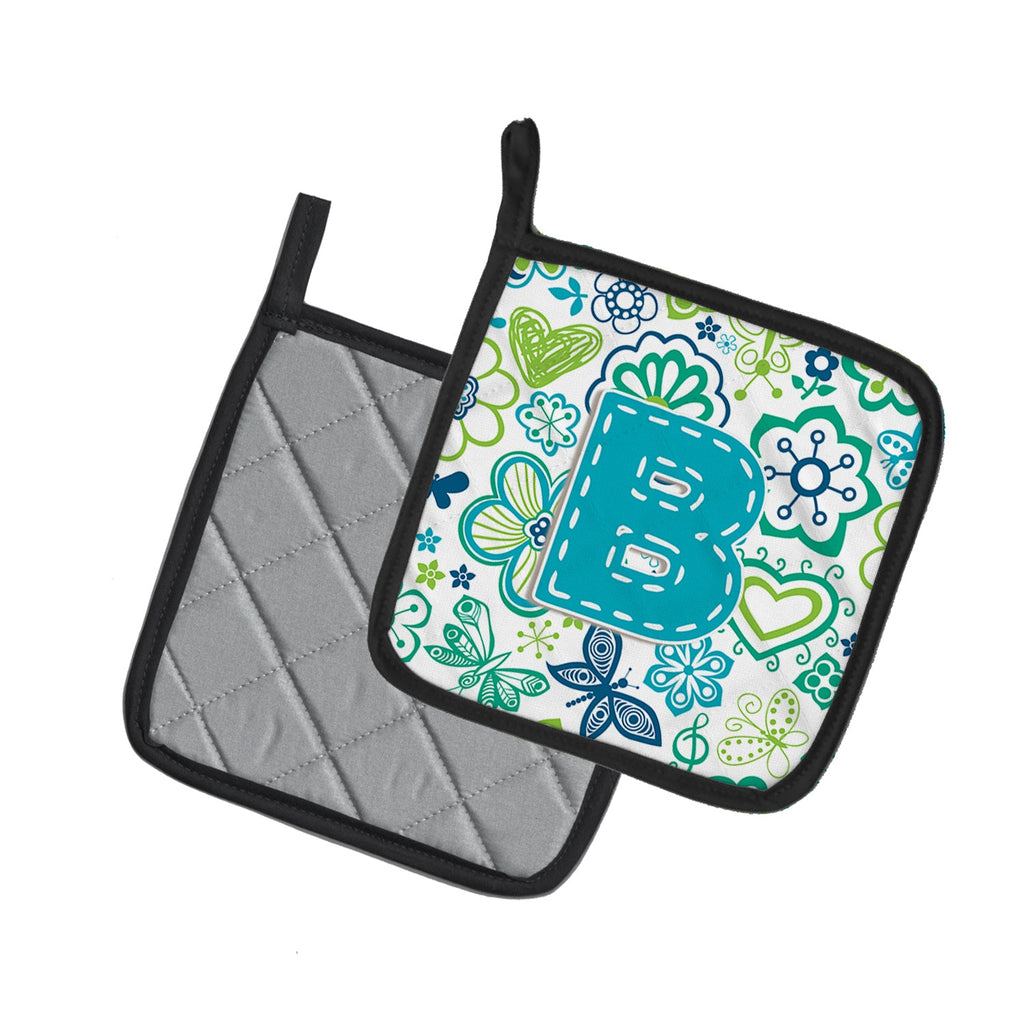 Letter B Flowers and Butterflies Teal Blue Pot Holder Set of 2 Heat Resistant Quilted Hot Pads 7.5 x 7.5 Inch, Insulated Kitchen Trivets for Cooking & Baking