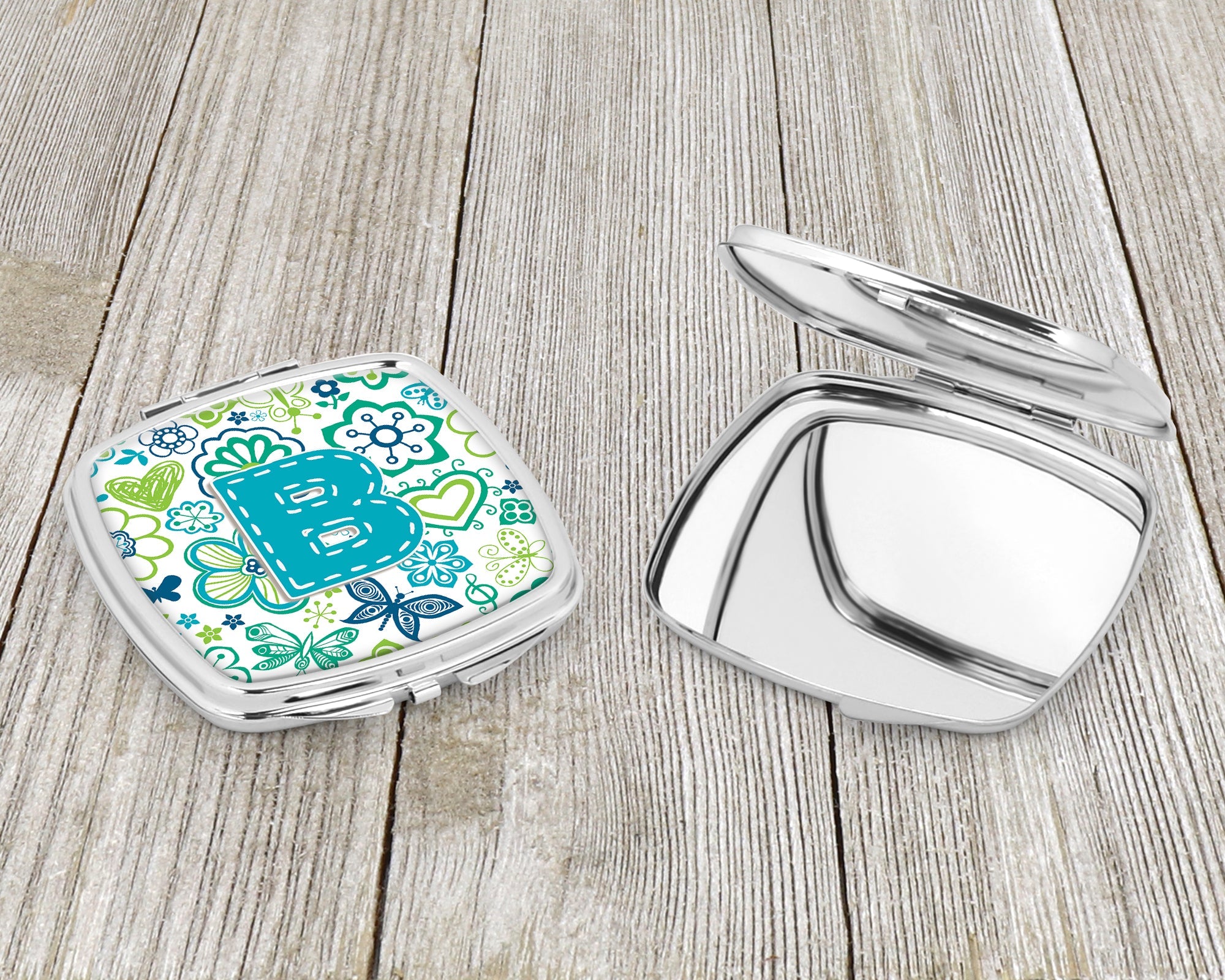 Letter B Flowers and Butterflies Teal Blue Compact Mirror Decorative Travel Makeup Mirror for Women Girls Gifts Pocket Makeup Mirror Folding Handheld