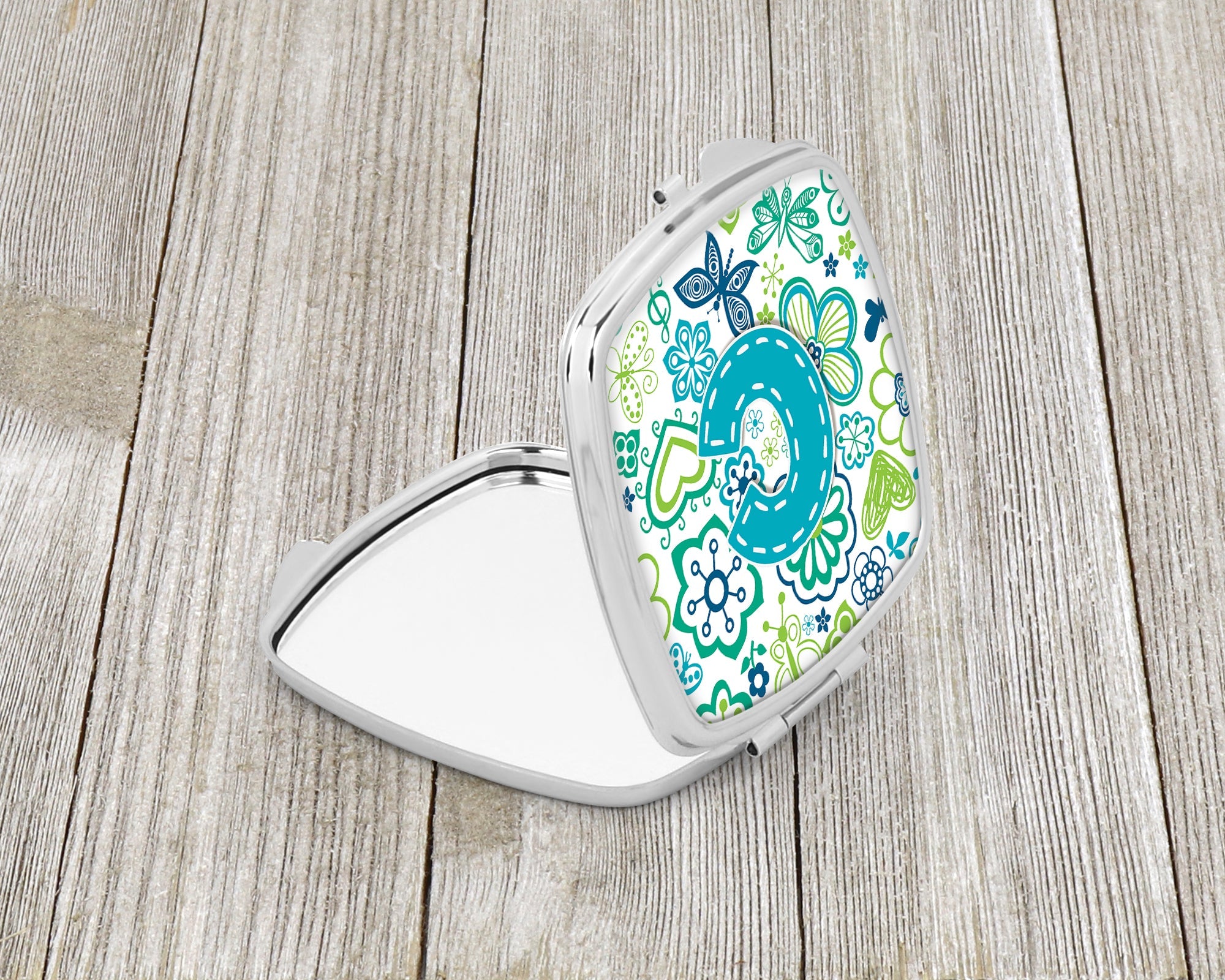 Letter C Flowers and Butterflies Teal Blue Compact Mirror Decorative Travel Makeup Mirror for Women Girls Gifts Pocket Makeup Mirror Folding Handheld
