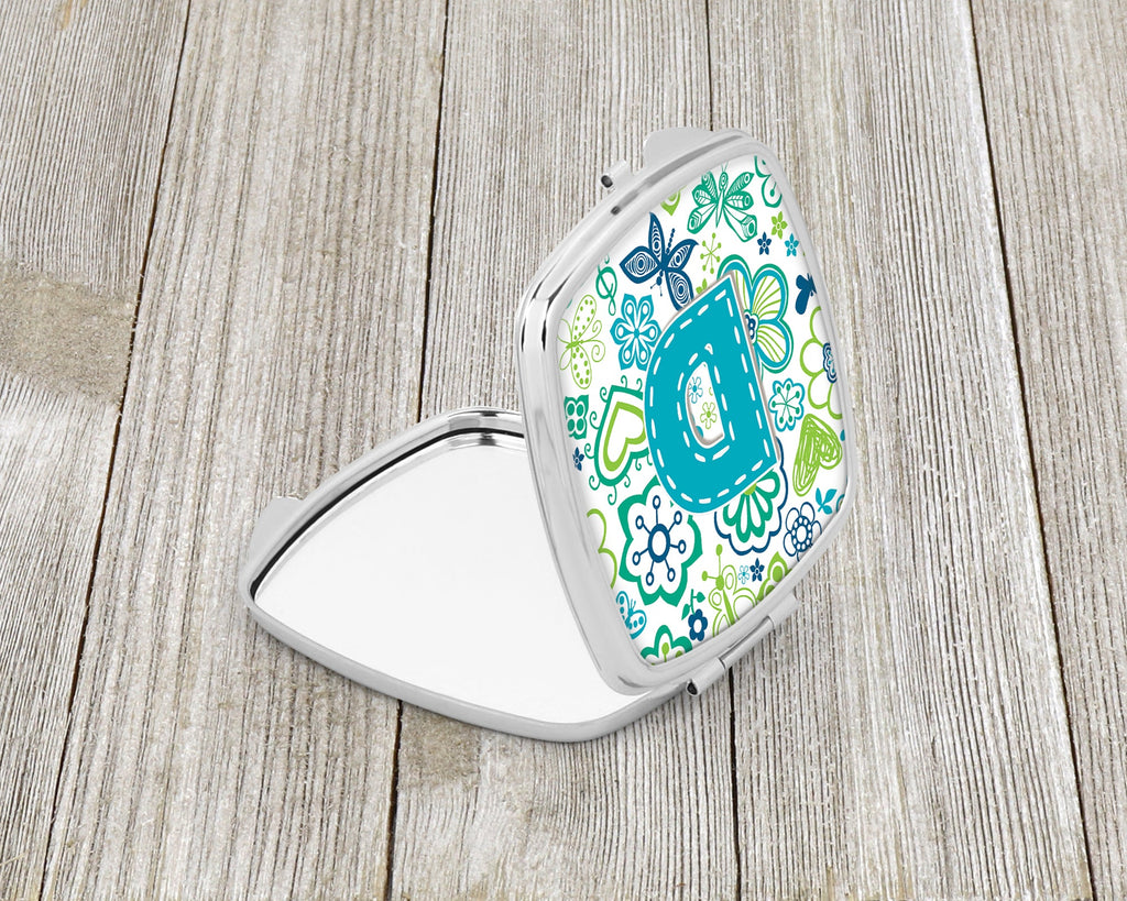 Letter D Flowers and Butterflies Teal Blue Compact Mirror Decorative Travel Makeup Mirror for Women Girls Gifts Pocket Makeup Mirror Folding Handheld