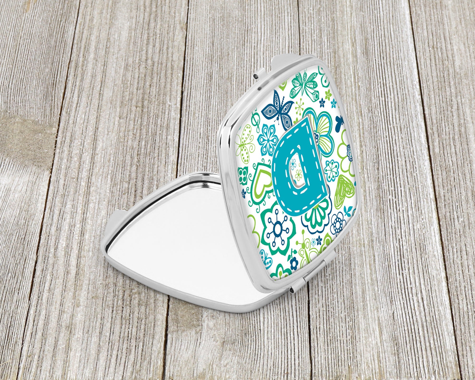 Letter D Flowers and Butterflies Teal Blue Compact Mirror Decorative Travel Makeup Mirror for Women Girls Gifts Pocket Makeup Mirror Folding Handheld