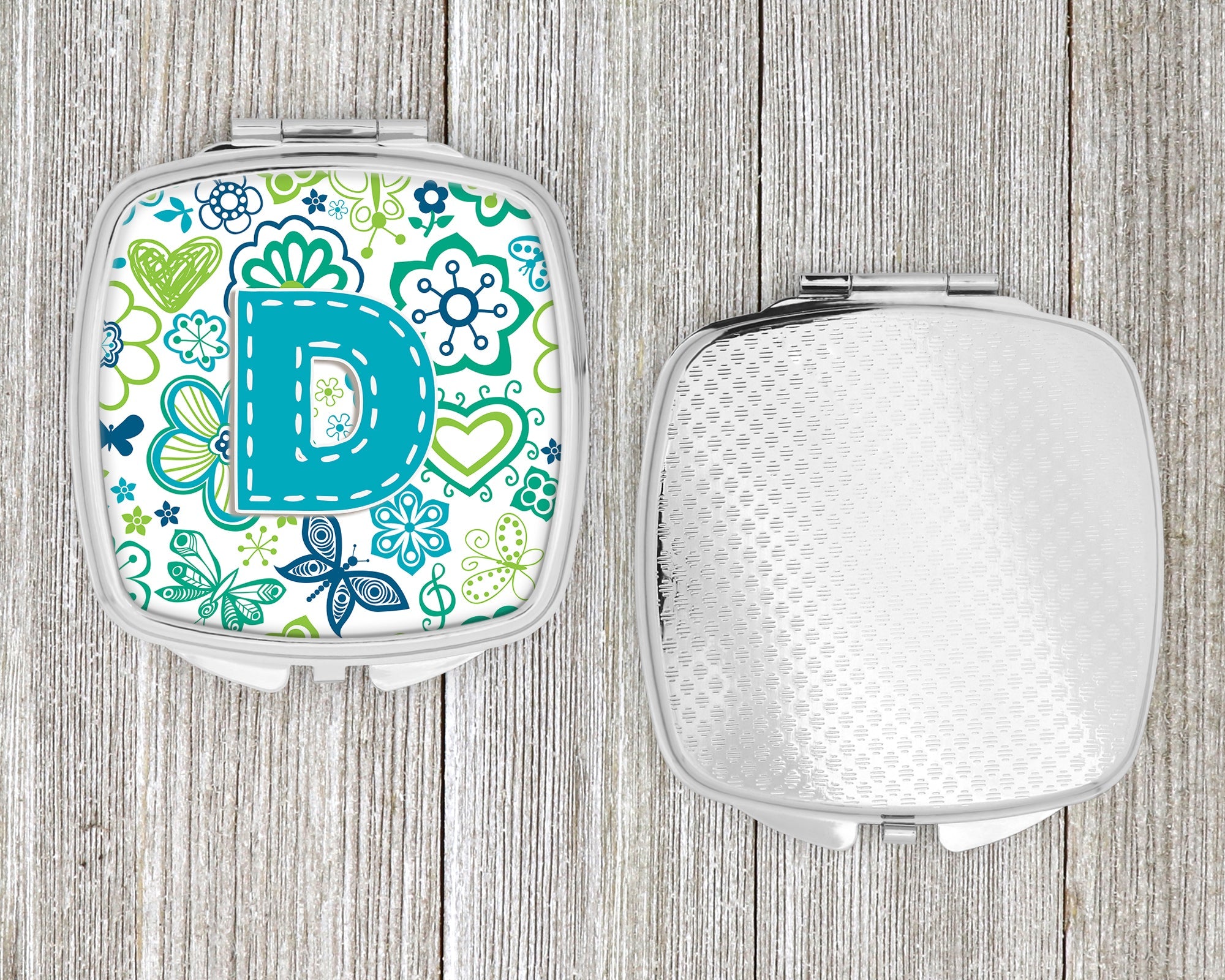 Letter D Flowers and Butterflies Teal Blue Compact Mirror Decorative Travel Makeup Mirror for Women Girls Gifts Pocket Makeup Mirror Folding Handheld