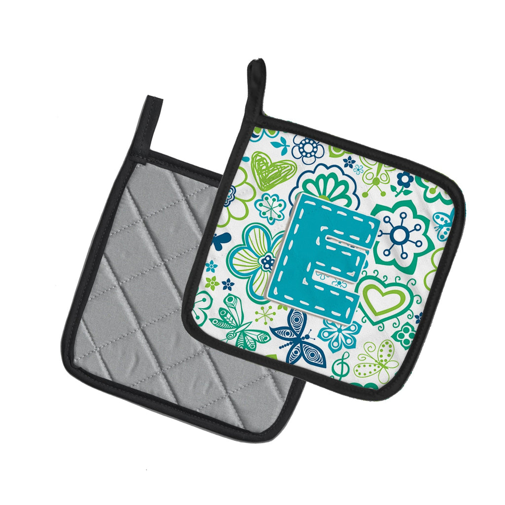 Letter E Flowers and Butterflies Teal Blue Pot Holder Set of 2 Heat Resistant Quilted Hot Pads 7.5 x 7.5 Inch, Insulated Kitchen Trivets for Cooking & Baking