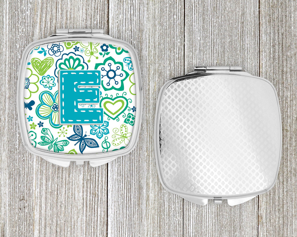 Letter E Flowers and Butterflies Teal Blue Compact Mirror Decorative Travel Makeup Mirror for Women Girls Gifts Pocket Makeup Mirror Folding Handheld