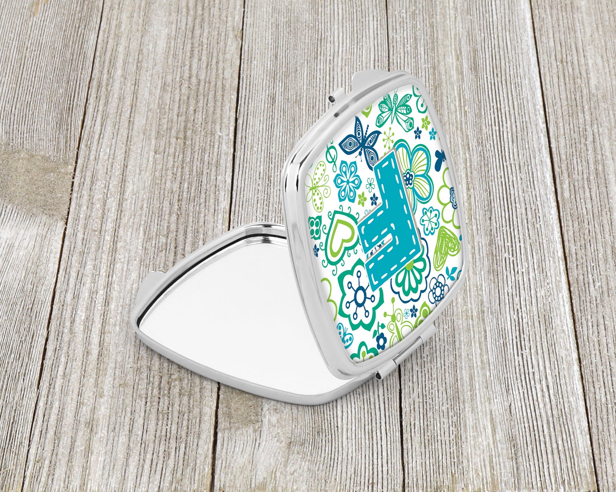 Letter F Flowers and Butterflies Teal Blue Compact Mirror Decorative Travel Makeup Mirror for Women Girls Gifts Pocket Makeup Mirror Folding Handheld