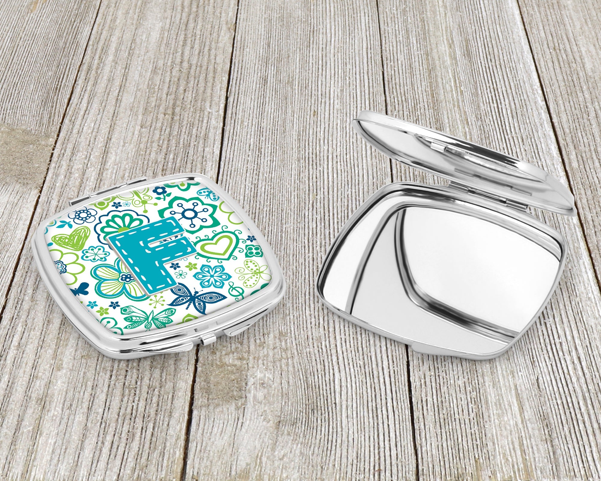 Letter F Flowers and Butterflies Teal Blue Compact Mirror Decorative Travel Makeup Mirror for Women Girls Gifts Pocket Makeup Mirror Folding Handheld