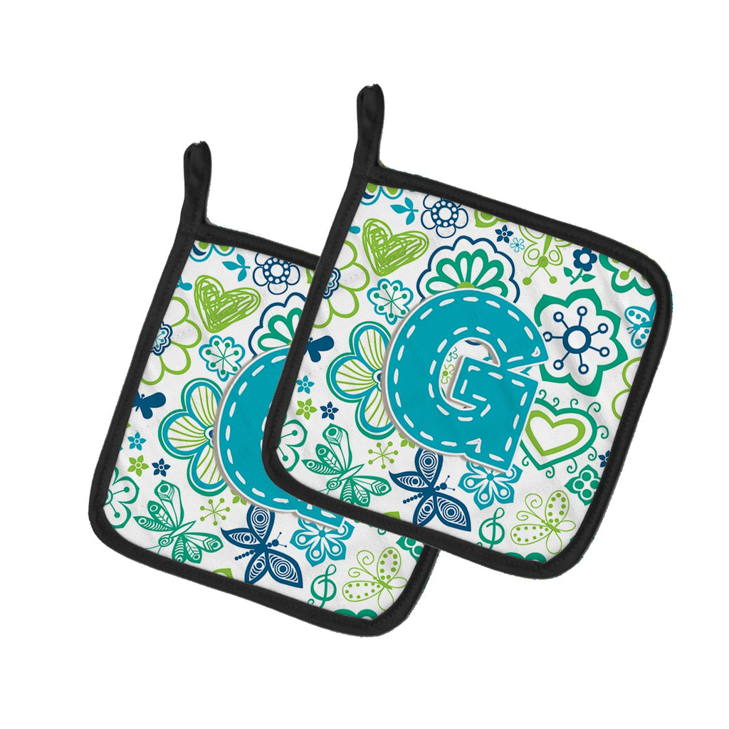 Letter G Flowers and Butterflies Teal Blue Pot Holder Set of 2 Heat Resistant Quilted Hot Pads 7.5 x 7.5 Inch, Insulated Kitchen Trivets for Cooking & Baking