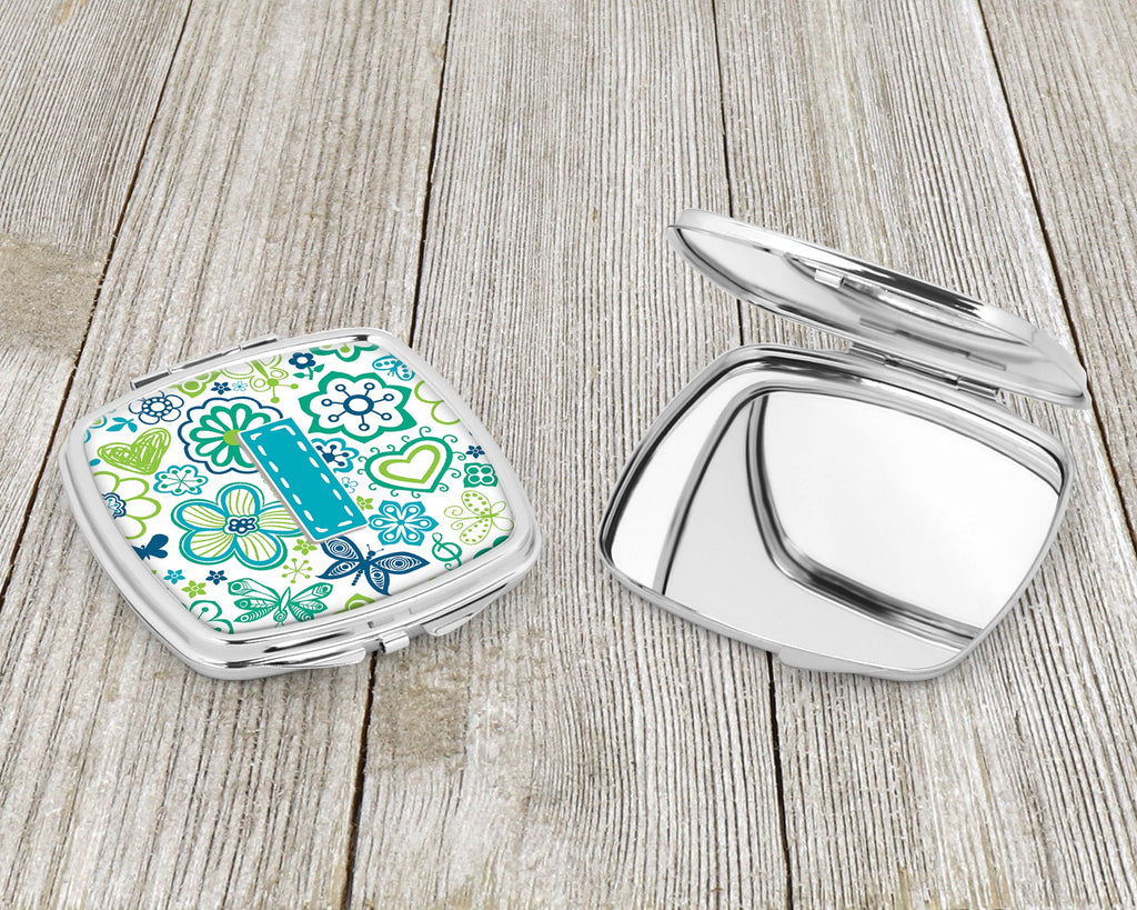 Letter I Flowers and Butterflies Teal Blue Compact Mirror Decorative Travel Makeup Mirror for Women Girls Gifts Pocket Makeup Mirror Folding Handheld