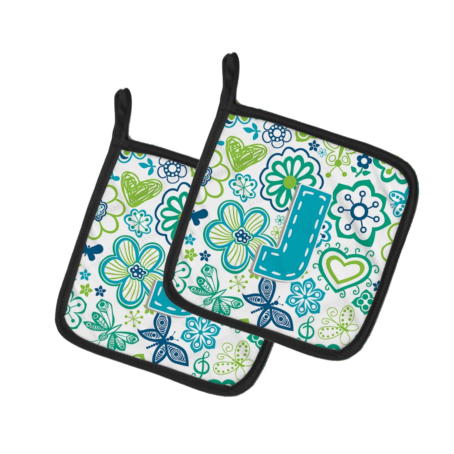 Letter J Flowers and Butterflies Teal Blue Pot Holder Set of 2 Heat Resistant Quilted Hot Pads 7.5 x 7.5 Inch, Insulated Kitchen Trivets for Cooking & Baking
