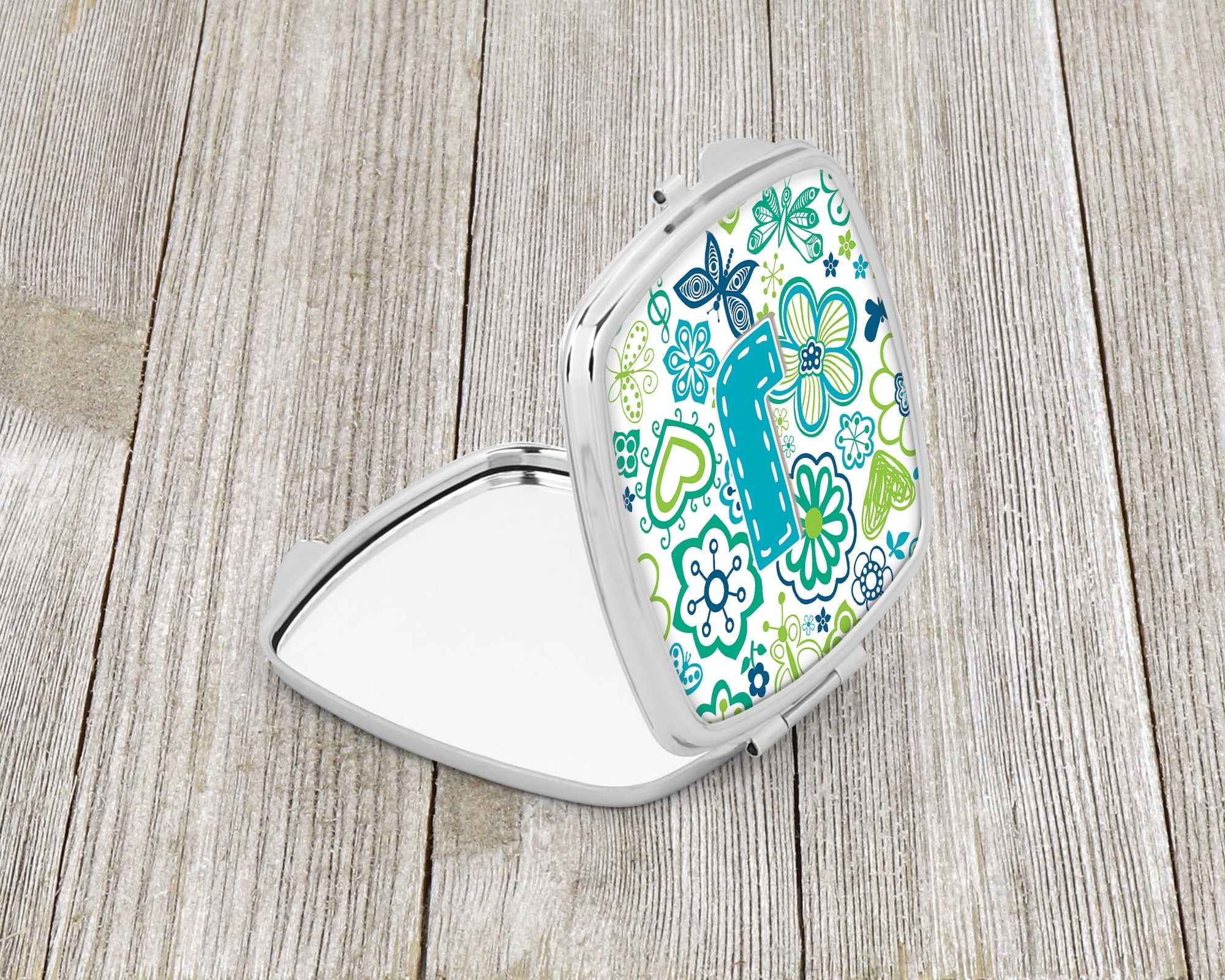 Letter J Flowers and Butterflies Teal Blue Compact Mirror Decorative Travel Makeup Mirror for Women Girls Gifts Pocket Makeup Mirror Folding Handheld