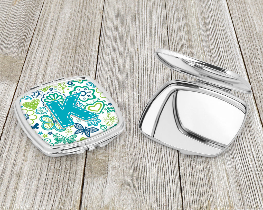 Letter K Flowers and Butterflies Teal Blue Compact Mirror Decorative Travel Makeup Mirror for Women Girls Gifts Pocket Makeup Mirror Folding Handheld