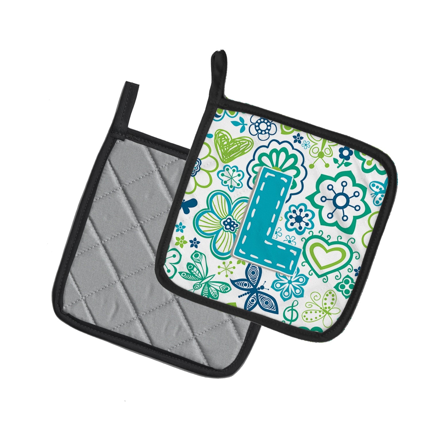 Letter L Flowers and Butterflies Teal Blue Pot Holder Set of 2 Heat Resistant Quilted Hot Pads 7.5 x 7.5 Inch, Insulated Kitchen Trivets for Cooking & Baking
