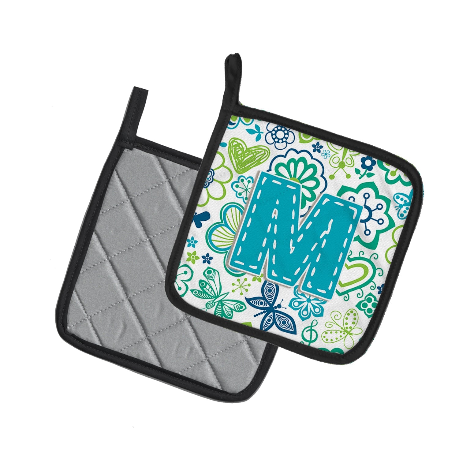 Letter M Flowers and Butterflies Teal Blue Pot Holder Set of 2 Heat Resistant Quilted Hot Pads 7.5 x 7.5 Inch, Insulated Kitchen Trivets for Cooking & Baking