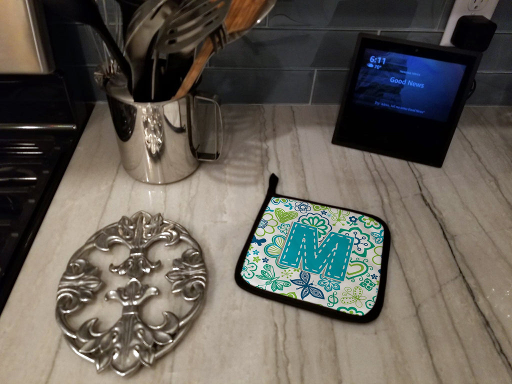 Letter M Flowers and Butterflies Teal Blue Pot Holder Set of 2 Heat Resistant Quilted Hot Pads 7.5 x 7.5 Inch, Insulated Kitchen Trivets for Cooking & Baking