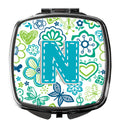 Letter N Flowers and Butterflies Teal Blue Compact Mirror Decorative Travel Makeup Mirror for Women Girls Gifts Pocket Makeup Mirror Folding Handheld