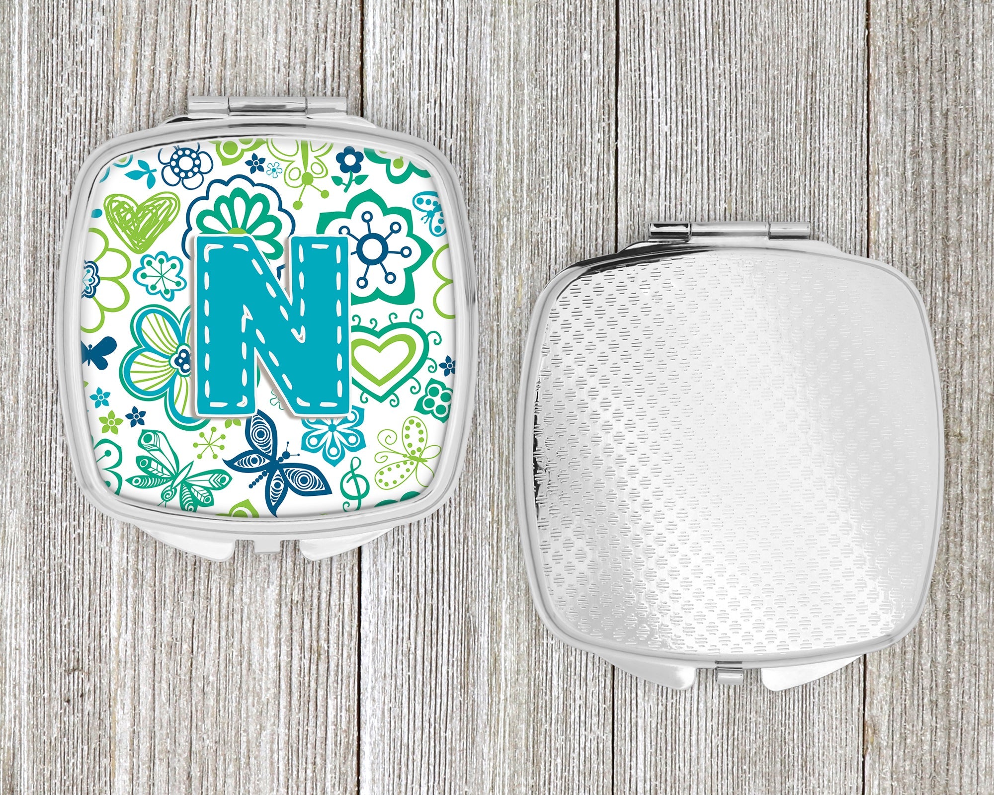 Letter N Flowers and Butterflies Teal Blue Compact Mirror Decorative Travel Makeup Mirror for Women Girls Gifts Pocket Makeup Mirror Folding Handheld