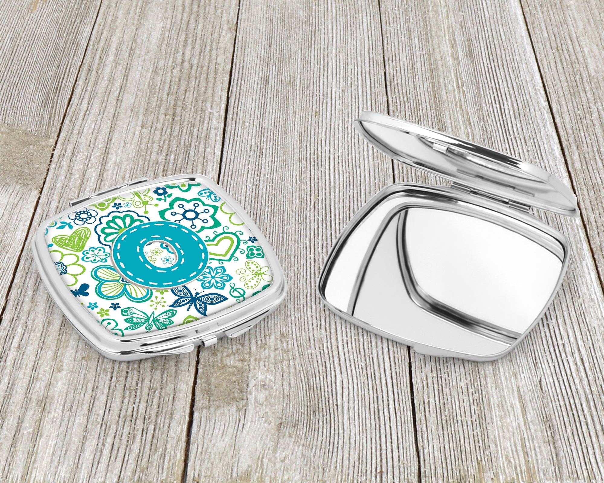 Letter O Flowers and Butterflies Teal Blue Compact Mirror Decorative Travel Makeup Mirror for Women Girls Gifts Pocket Makeup Mirror Folding Handheld