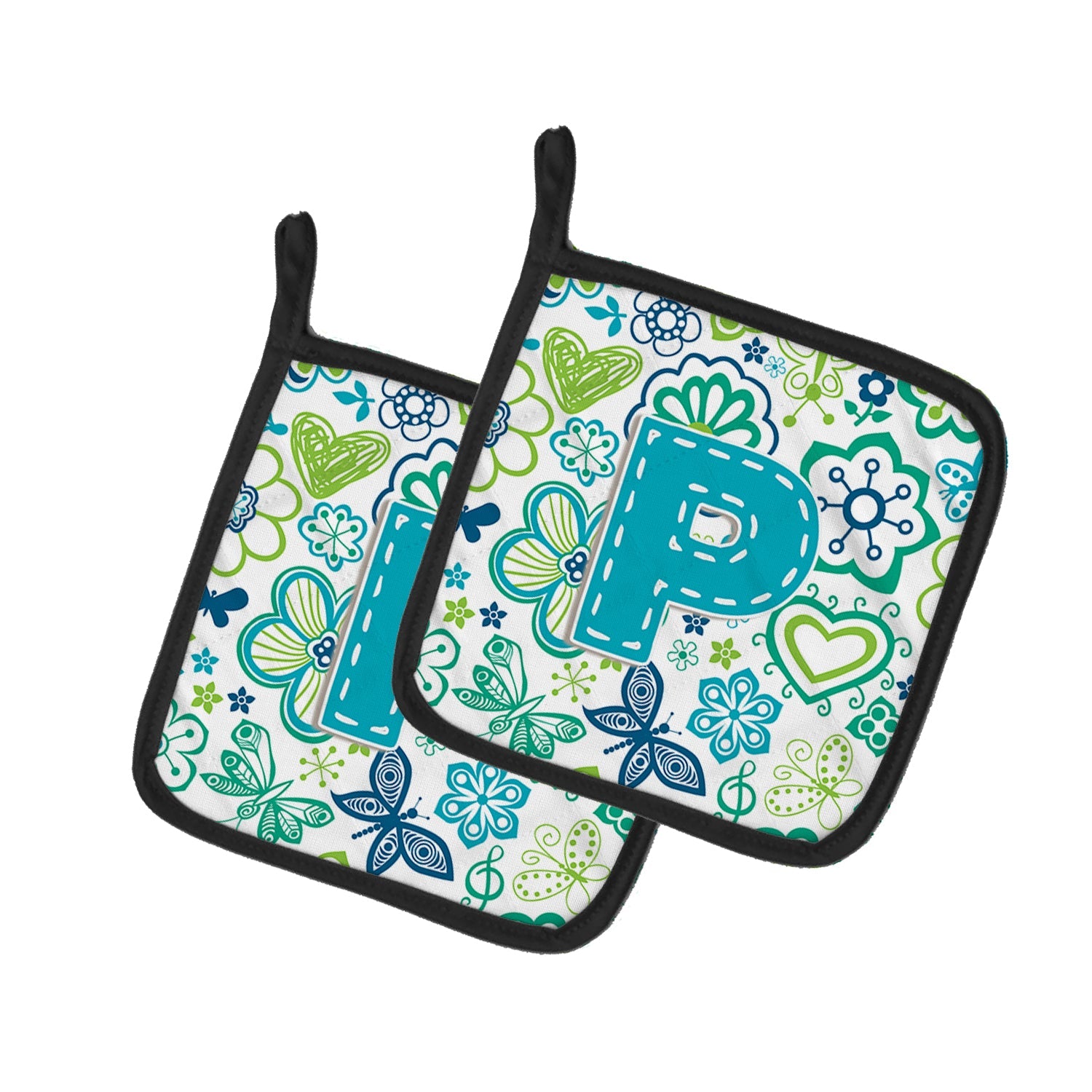 Letter P Flowers and Butterflies Teal Blue Pot Holder Set of 2 Heat Resistant Quilted Hot Pads 7.5 x 7.5 Inch, Insulated Kitchen Trivets for Cooking & Baking
