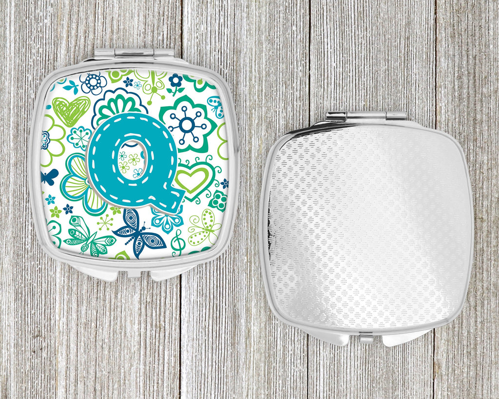 Letter Q Flowers and Butterflies Teal Blue Compact Mirror Decorative Travel Makeup Mirror for Women Girls Gifts Pocket Makeup Mirror Folding Handheld